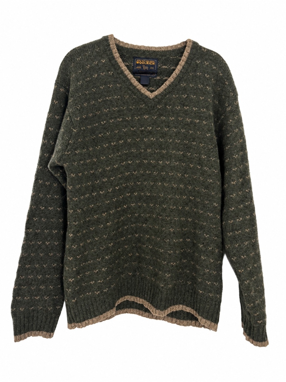 Woolrich Olive Green V-Neck Wool Sweater with Tan Trim fits L/XL